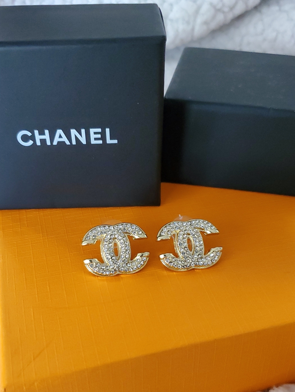 CC Boutique Gold-Tone Crystal CC Logo Stud Earrings